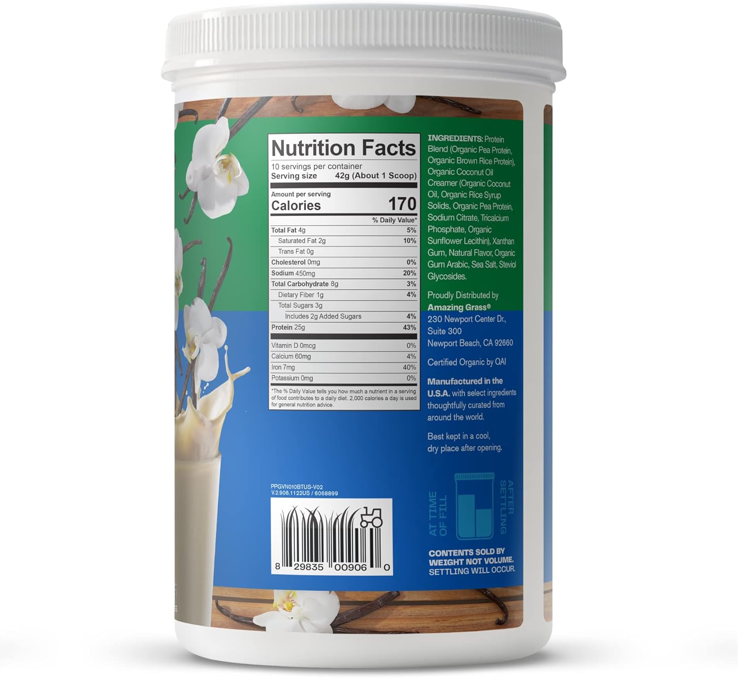 Organic Plant-Based Vegan Protein Powder with 25g Protein - Creamy Vanilla Flavor, Dairy, Gluten, Soy Free - 10 Servings - Espot.com.au