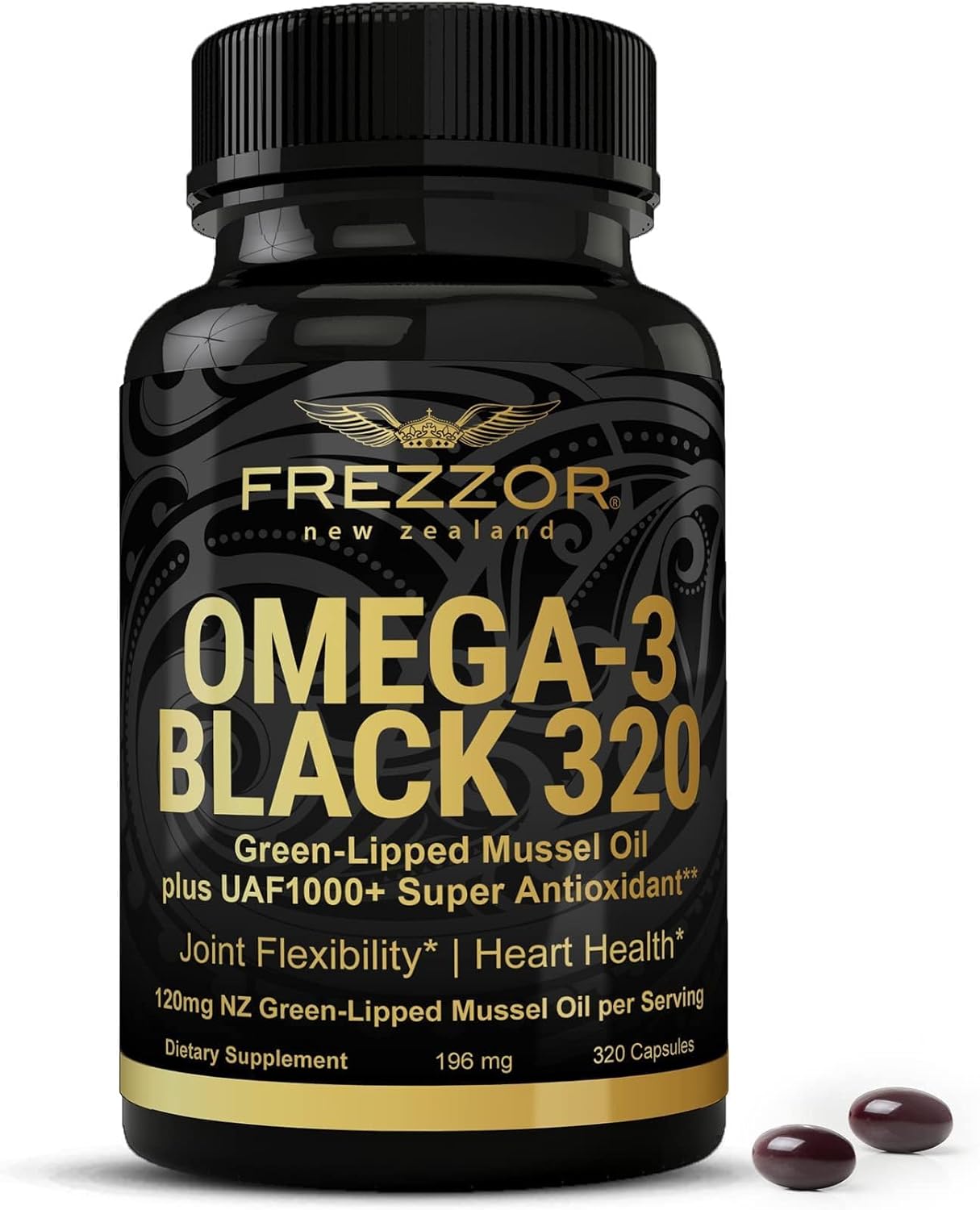 320 Count FREZZOR Omega 3 Black Capsules with Green Lipped Mussel Oil - Joint Care & Heart Support - Made in New Zealand - UAF1000+ - No Fishy Aftertaste - Immune Relief - 1 Pack - Espot.com.au