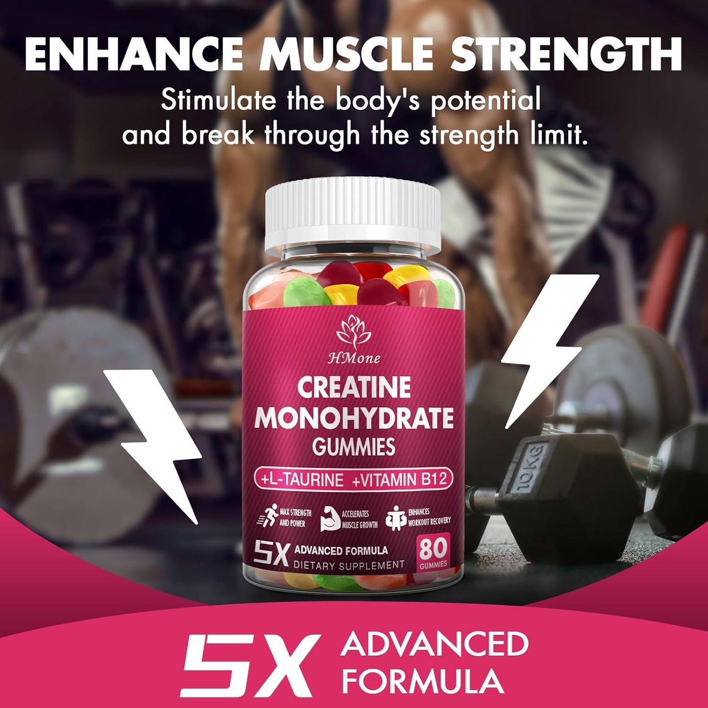 HMone Creatine Monohydrate Gummies - 5g, 160 Count - Chewable Supplements for Muscle Gain, Strength, Energy Boost - Sugar Free, Vegan - Men & Women - Espot.com.au