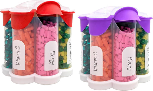 extra-large-pill-organizer-with-cute-blossom-design---daily-weekly-monthly-supplement-bottle---7-xl-compartments---2-pack-combo-purple-and-red-1