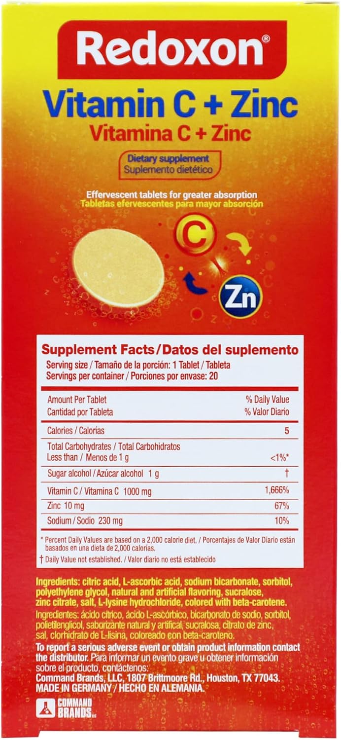 Redoxon Vitamin C + Zinc Effervescent Tablets - Immune System Support - Orange Flavor - 20 Tablets - 2.82 Oz Box - Espot.com.au