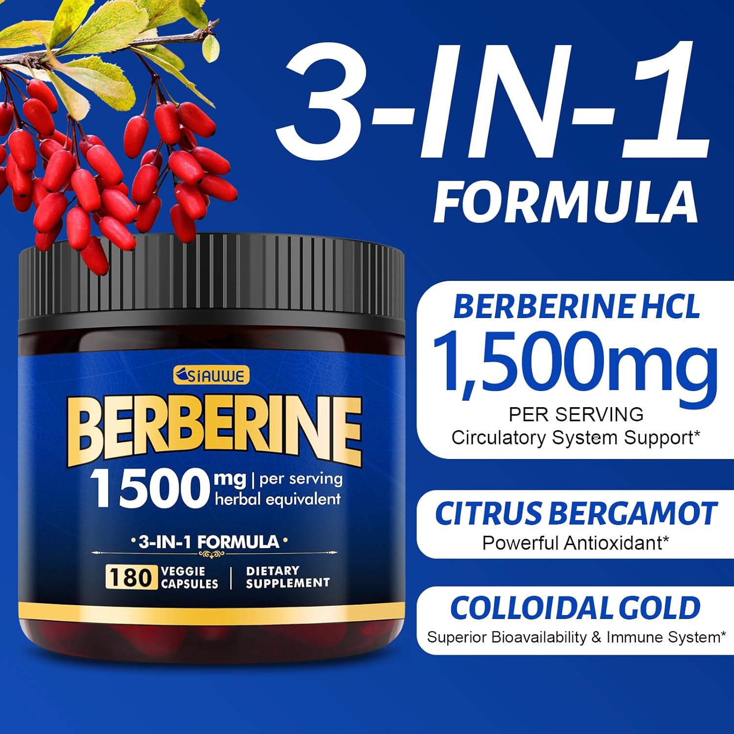 High Strength Berberine 1500MG Supplement with Citrus Bergamot - Boost Metabolism, Support Immune System, Healthy Weight Management - Vegan, Organic, Non-GMO - 180 Capsules - Espot.com.au
