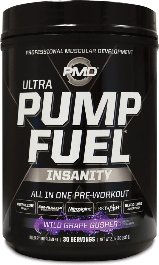 pmd-sports-ultra-pump-fuel-insanity---pre-workout-drink---wild-grape-gusher-flavor---boost-energy-strength-endurance-recovery---complex-carbs-amino-energy---30-servings-1