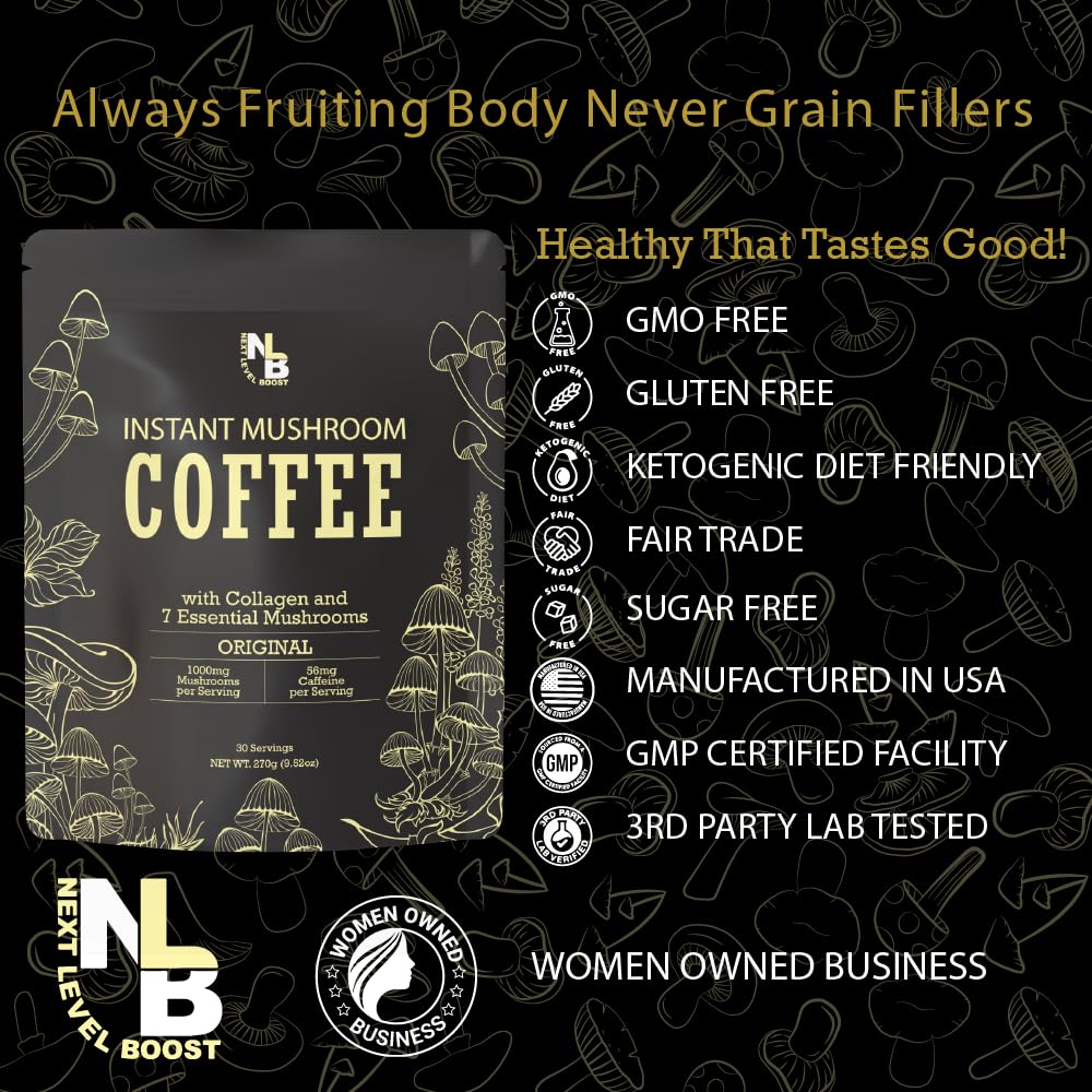 Organic Mushroom Coffee with Collagen & Lions Mane - 270g, 30 Servings - Next Level Boost Mushroom Drink for a Healthy Everyday Brew - Espot.com.au
