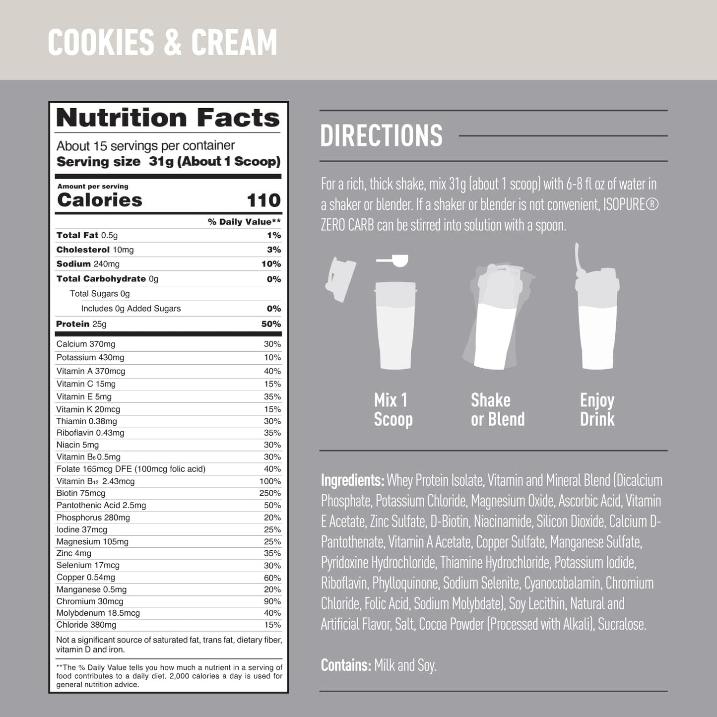Isopure Zero Carb Whey Isolate Protein Powder - Cookies & Cream Flavor, 25g Protein, Lactose & Gluten Free, Fortified with Vitamins - 1 Lb, 15 Servings - Espot.com.au