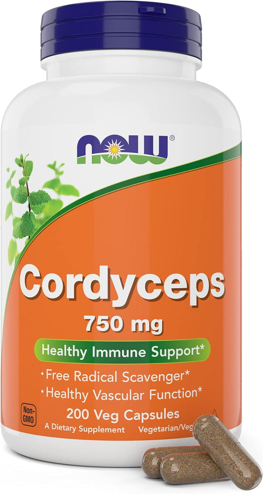 Organic Cordyceps Sinensis Mycelium Mushroom Capsules - 750mg, 200 Veg Caps, Vegan & Non-GMO by NOW Foods - Espot.com.au