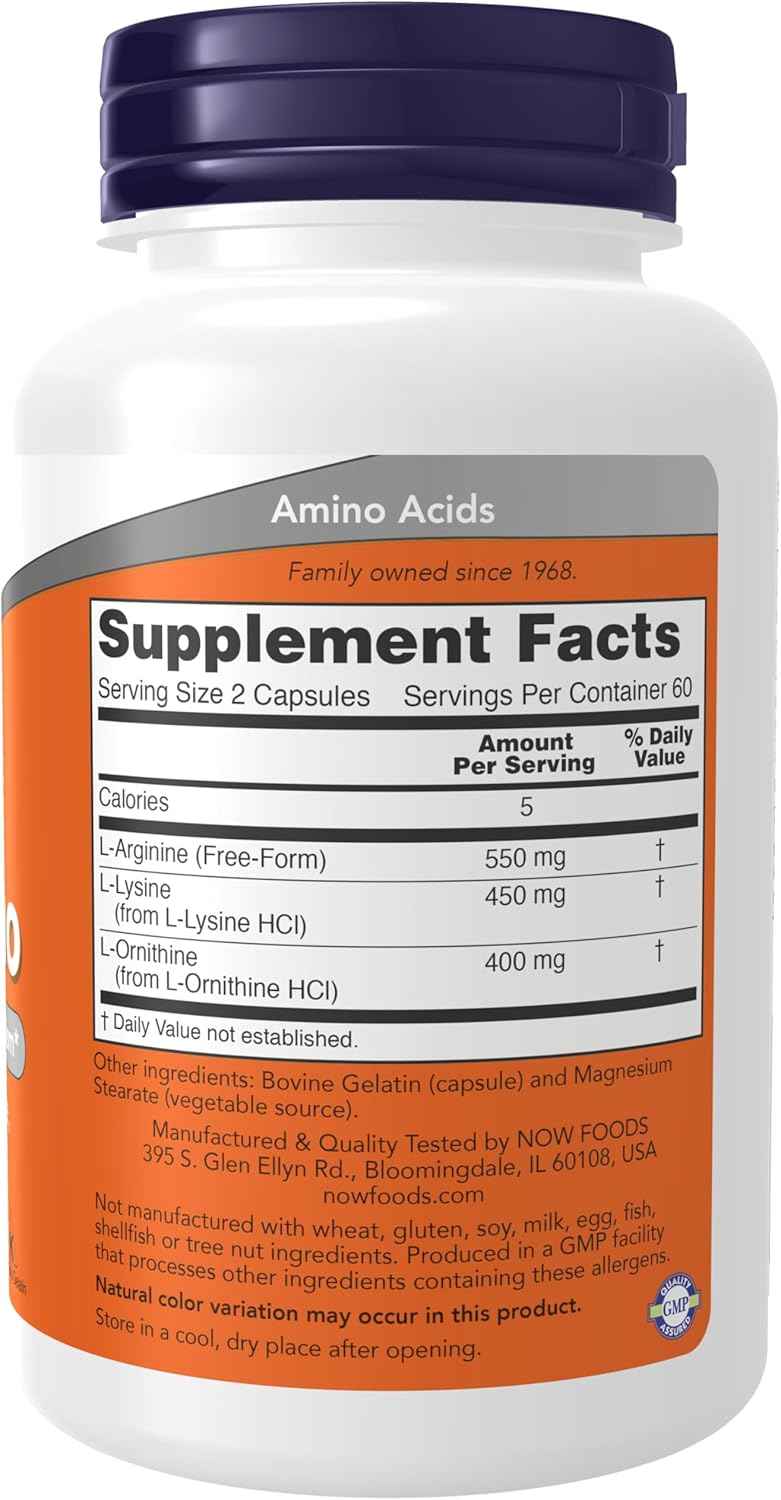 NOW Foods Tri-Amino Supplement with L-Arginine, L-Ornithine, L-Lysine - 120 Capsules for Protein Metabolism Support