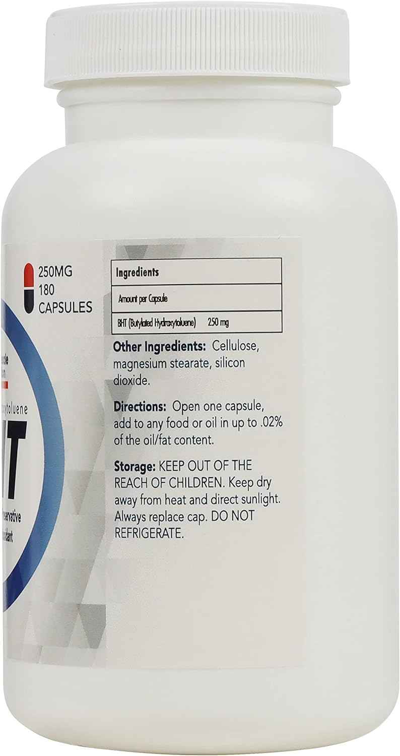 BHT 250mg Wholesale Nutrition - 180 Capsules, Antioxidant Support, Food Grade Preservative, Non-GMO, Gluten-Free - Made in USA