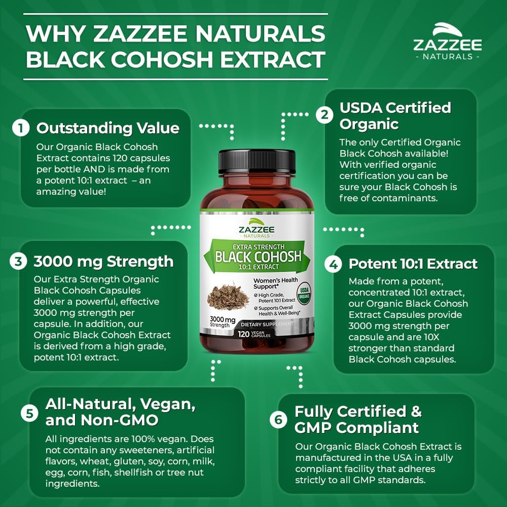 Organic Black Cohosh 10:1 Extract Capsules - 3000mg, 120 Vegan Capsules - 4 Month Supply - Non-GMO, Made in USA - Vegetarian Formula - Espot.com.au