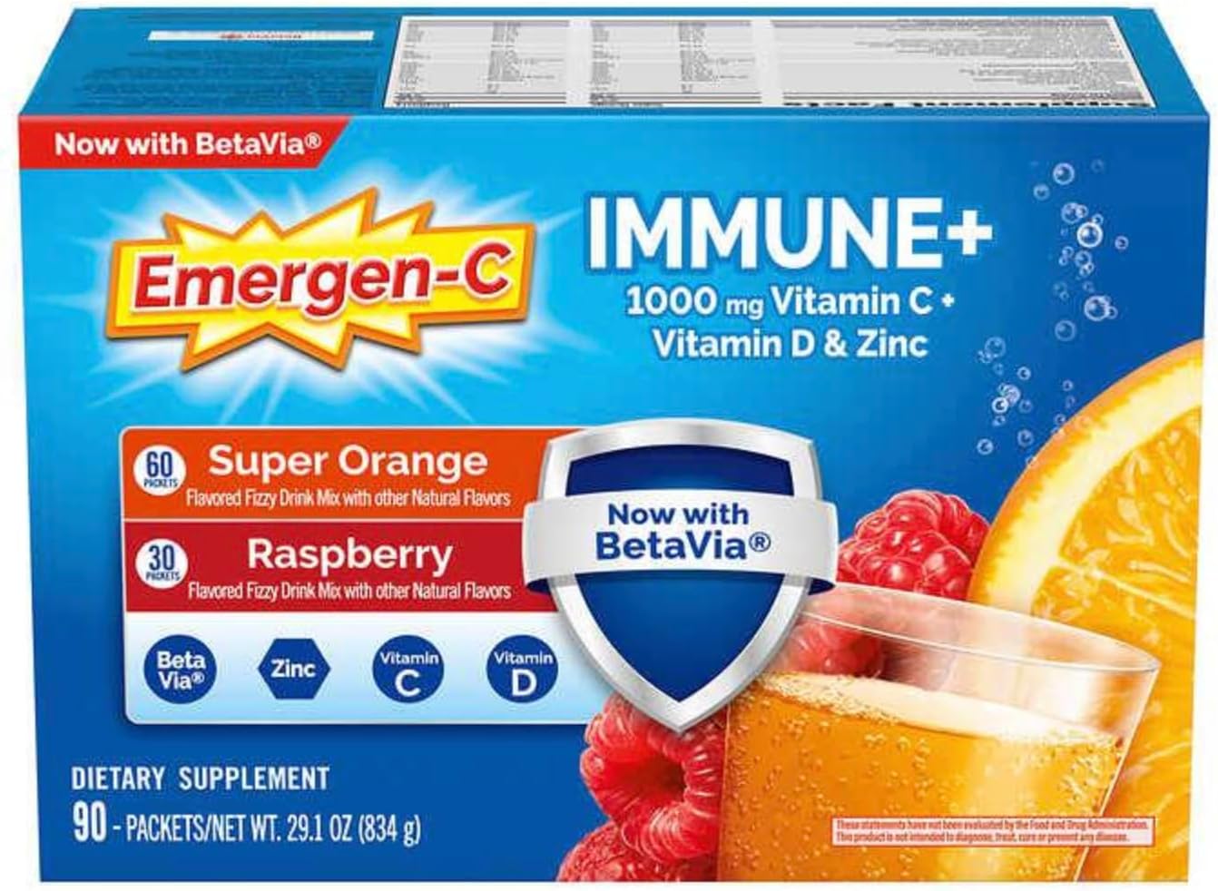 Emergen-C Immune+ 90 Packets Variety Pack, 1000mg Vitamin C with Vitamin D & Zinc, Super Orange (60 Ct) and Raspberry (30 Ct) - Espot.com.au