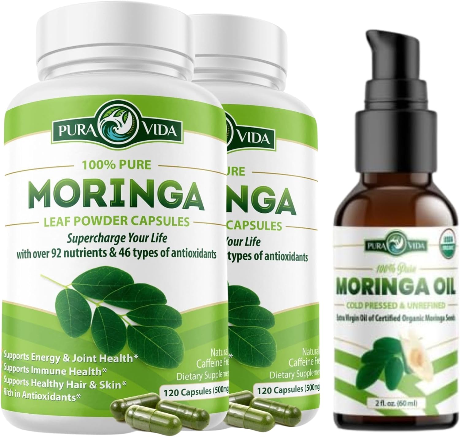 organic-moringa-capsules-120ct-500mg-2-pack-with-moringa-oil-2fl-oz---pura-vida-moringa-1