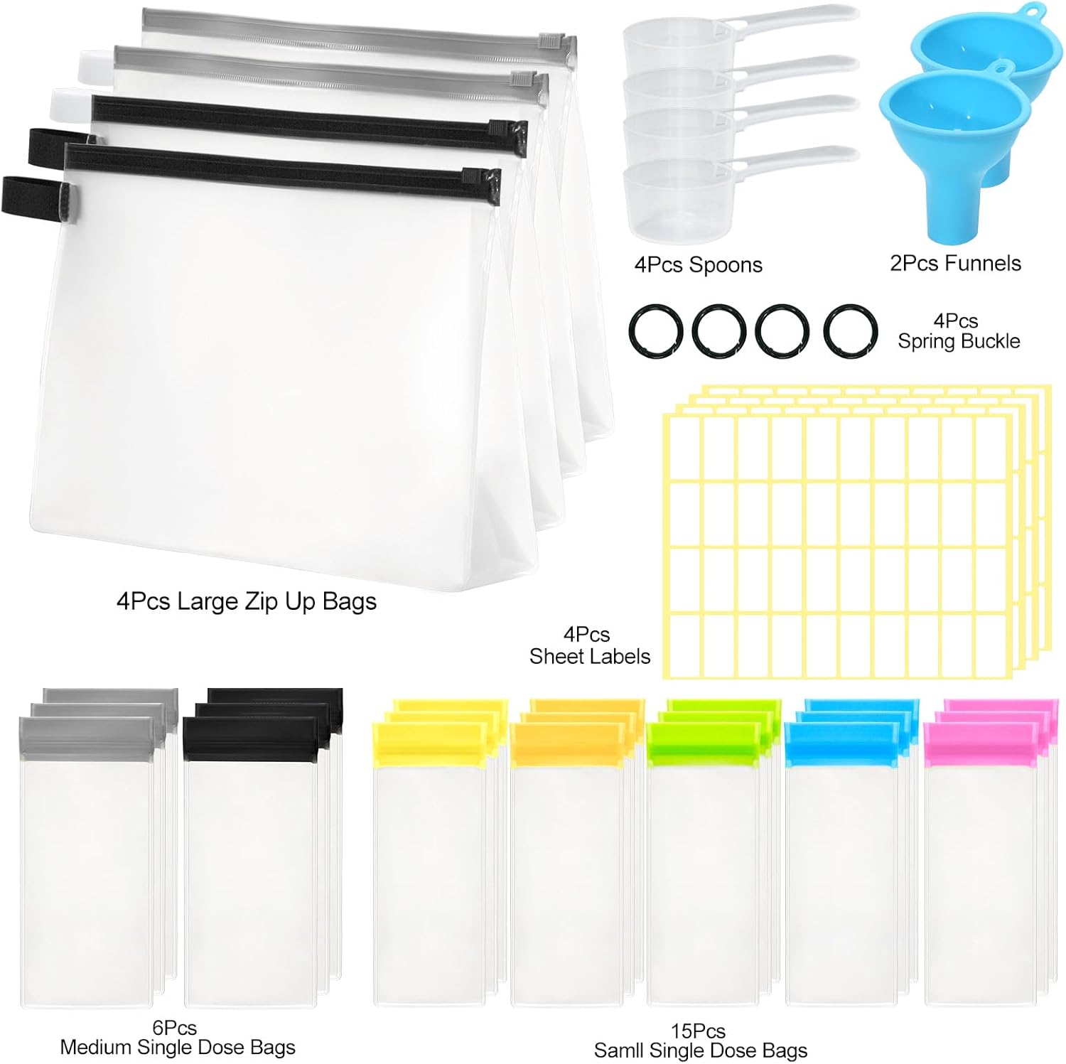 travel-protein-powder-container-set---25pcs-including-21-single-dose-bags-4-large-zip-up-bags-funnels-spoons-labels-spring-buckle---on-the-go-storage-solution-2