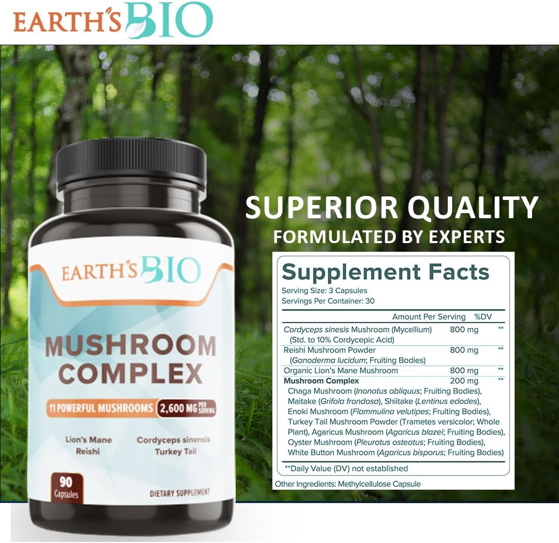 Organic Mushroom Supplement Complex 2,600 mg, 90 Capsules - Lion's Mane, Turkey Tail, Enoki Agaricus, White Button & Oyster Mushroom Blend for Memory & Immune Support - Espot.com.au