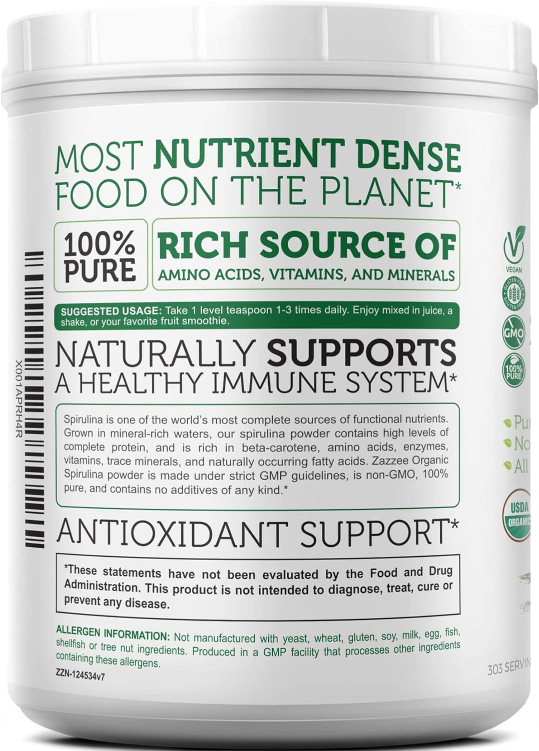Organic Spirulina Powder - 2.2lbs (1KG) USDA Certified - 303 Servings - Pure, Non-Irradiated - Wide Mouth Container - Fresh Smell, Neutral Taste - Vegan, Non-GMO, Gluten-Free - Espot.com.au