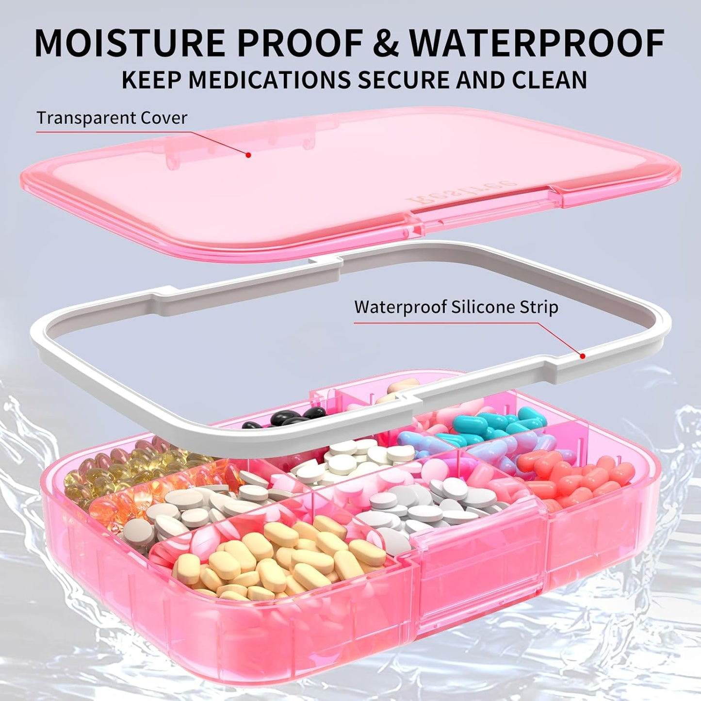 restree-large-pill-organizer---portable-moisture-proof-travel-case-for-vitamins-medicine---9-compartments---pink-4