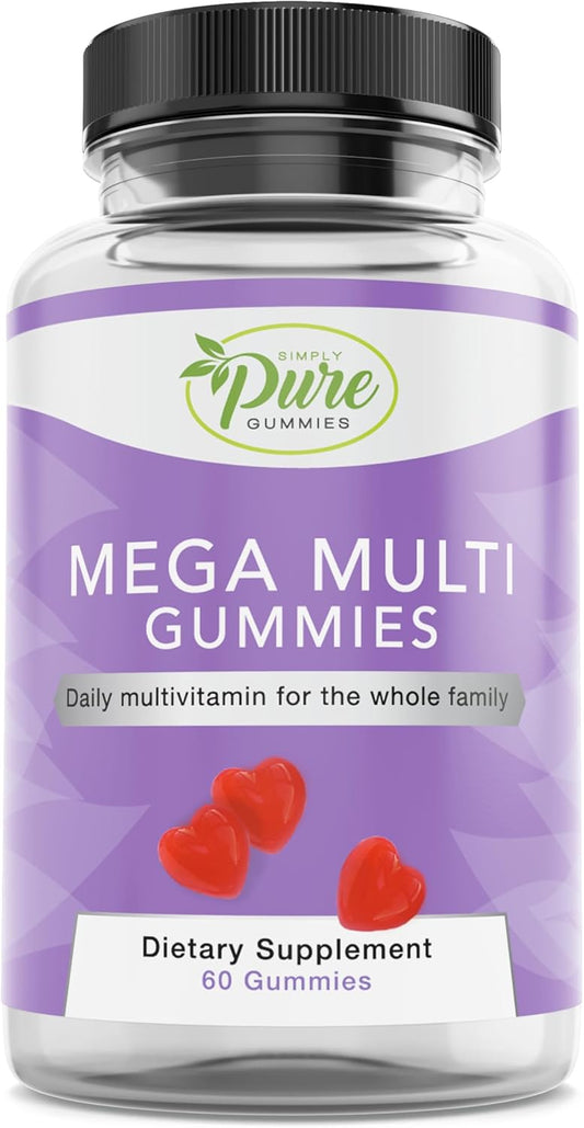 Pure By Nature Mega Multi Gummies - Natural Flavored Multi Vitamin Gummies for Women & Men - Dietary Supplement - Multivitamin with Vitamins A, D2, C, E, K, Biotin, Folic Acid - 60 Count - Espot.com.au