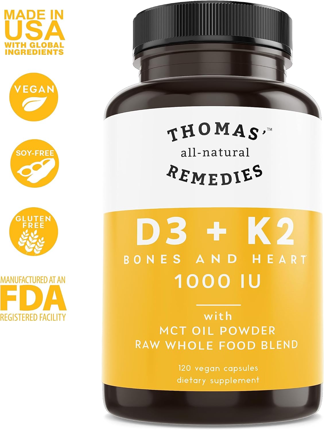 All-Natural D3 + K2 with MCT Oil and Raw Whole Food Blend - 1000 IU D3, Vegan, Made in USA - Supports Heart, Bones & Teeth - Non-GMO - 120ct - Espot.com.au