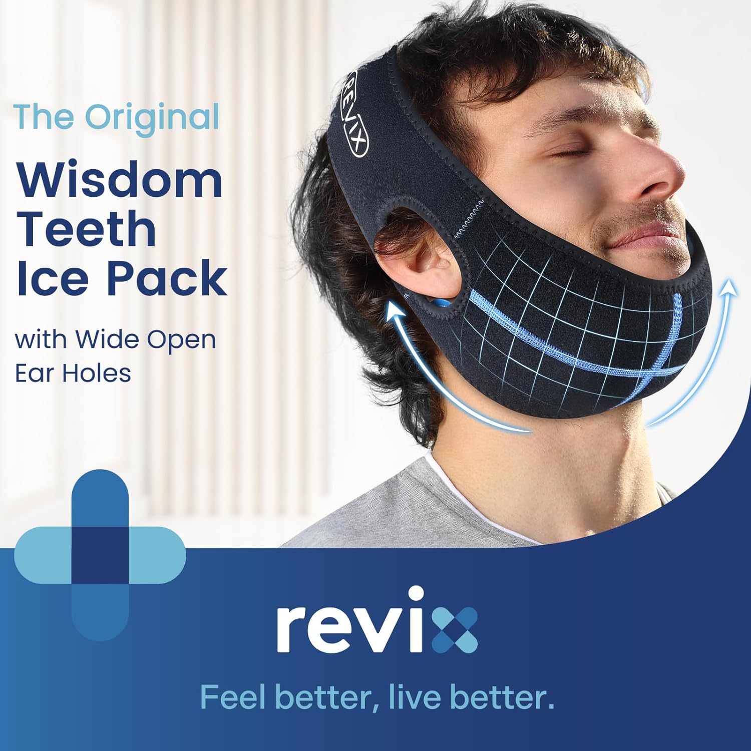 REVIX Wisdom Teeth Ice Pack Head Wrap for Oral Surgery Pain Relief - Jaw Ice Pack for TMJ, Tooth Extraction & Teeth Removed. 4 Hot Cold Gel Packs, Extra Snug Fit, Reusable - Black - Espot.com.au
