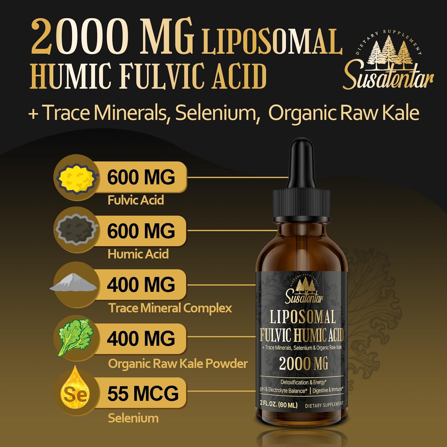 Liquid Liposomal Fulvic Humic Acid Drops 2000 MG | Trace Minerals Electrolyte Supplement | 72+ Minerals | Hydration, Detox, Energy | pH Balance, Digestion, Immunity | 4 Oz Bottle - Espot.com.au