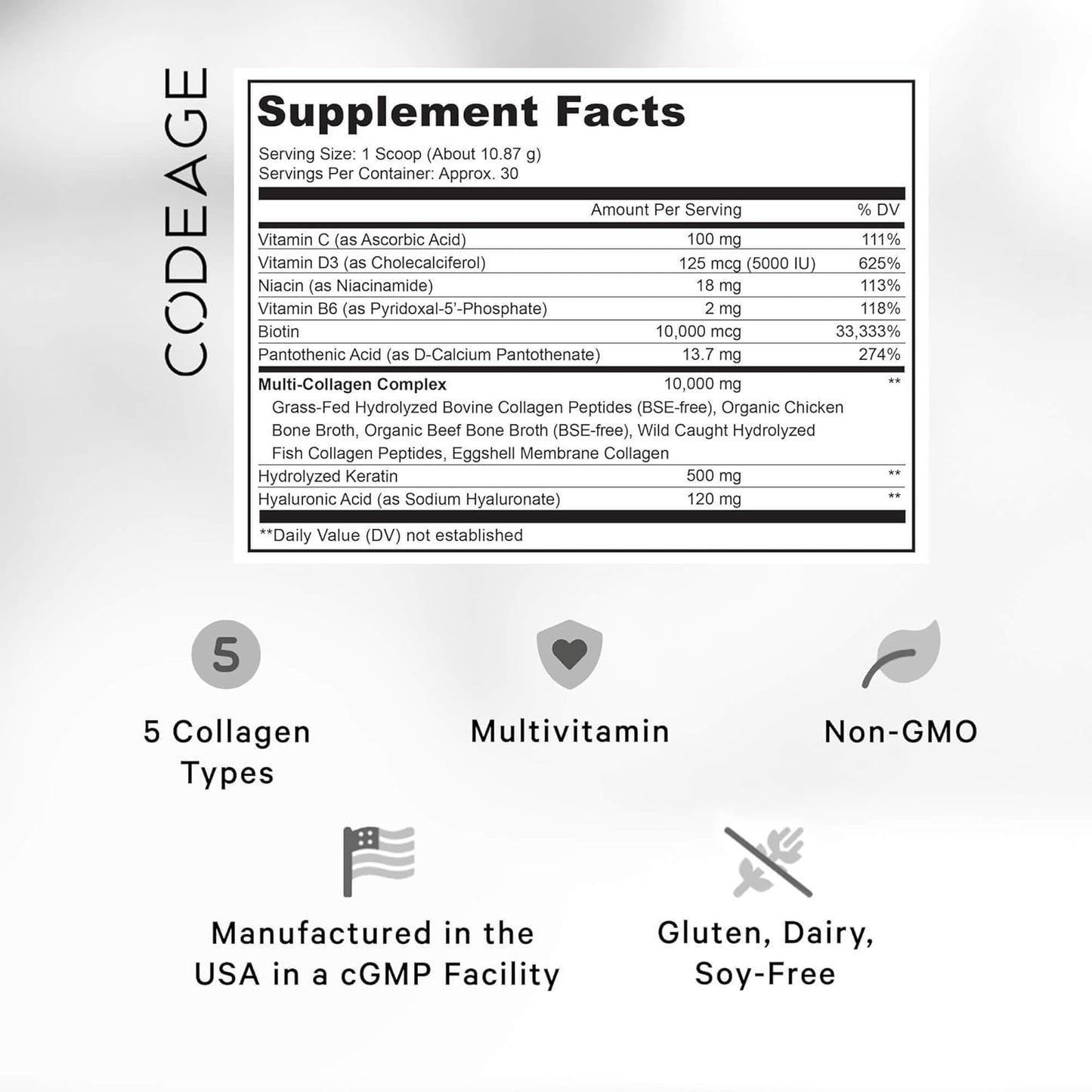 codeage-multi-collagen-protein-powder-with-biotin-keratin-vitamin-c-hyaluronic-acid-niacin---hydrolyzed-collagen-coffee-creamer---5-types---unflavored---non-gmo---115oz-2