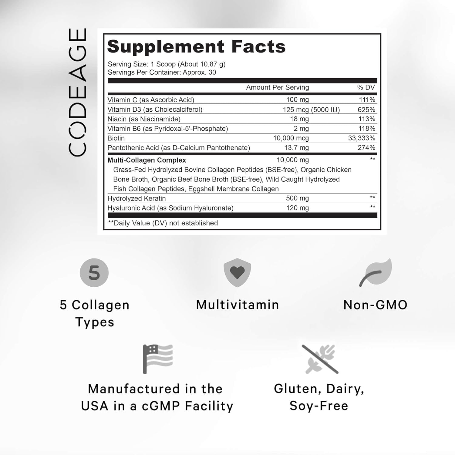 codeage-multi-collagen-protein-powder-with-biotin-keratin-vitamin-c-hyaluronic-acid-niacin---hydrolyzed-collagen-coffee-creamer---5-types---unflavored---non-gmo---115oz-2