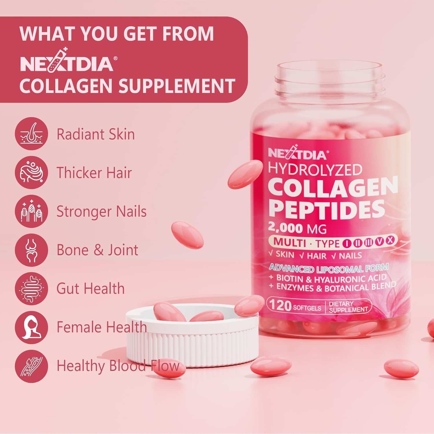 nextdia-liposomal-collagen-peptides-pills-for-women-2000mg---2-pack-with-multi-hydrolyzed-collagen-type-i-ii-iii-v-x-2500mcg-biotin---hair-skin-nails-vitamins---240-softgel-supplements-6