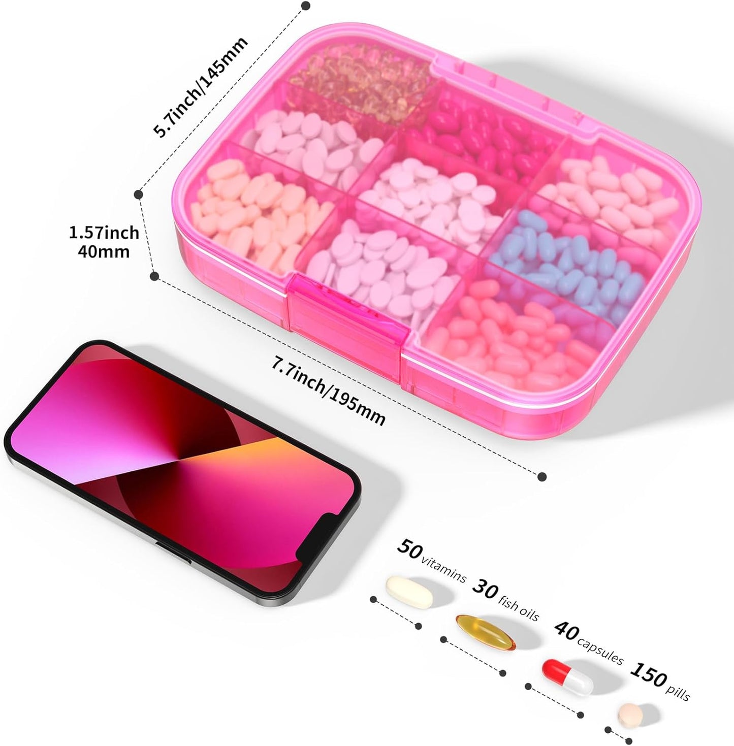 restree-large-pill-organizer---portable-moisture-proof-travel-case-for-vitamins-medicine---9-compartments---pink-2