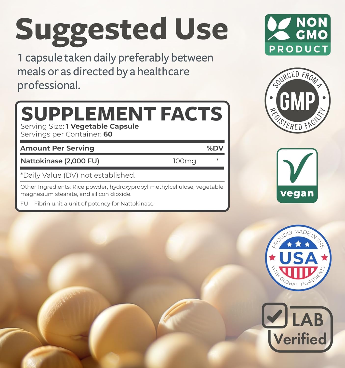 Nattokinase 2000 FU Supplement - Non-GMO, Naturally Fermented Soybeans - 60 Vegan Capsules - 2 Month Supply - Healths Harmony - Espot.com.au