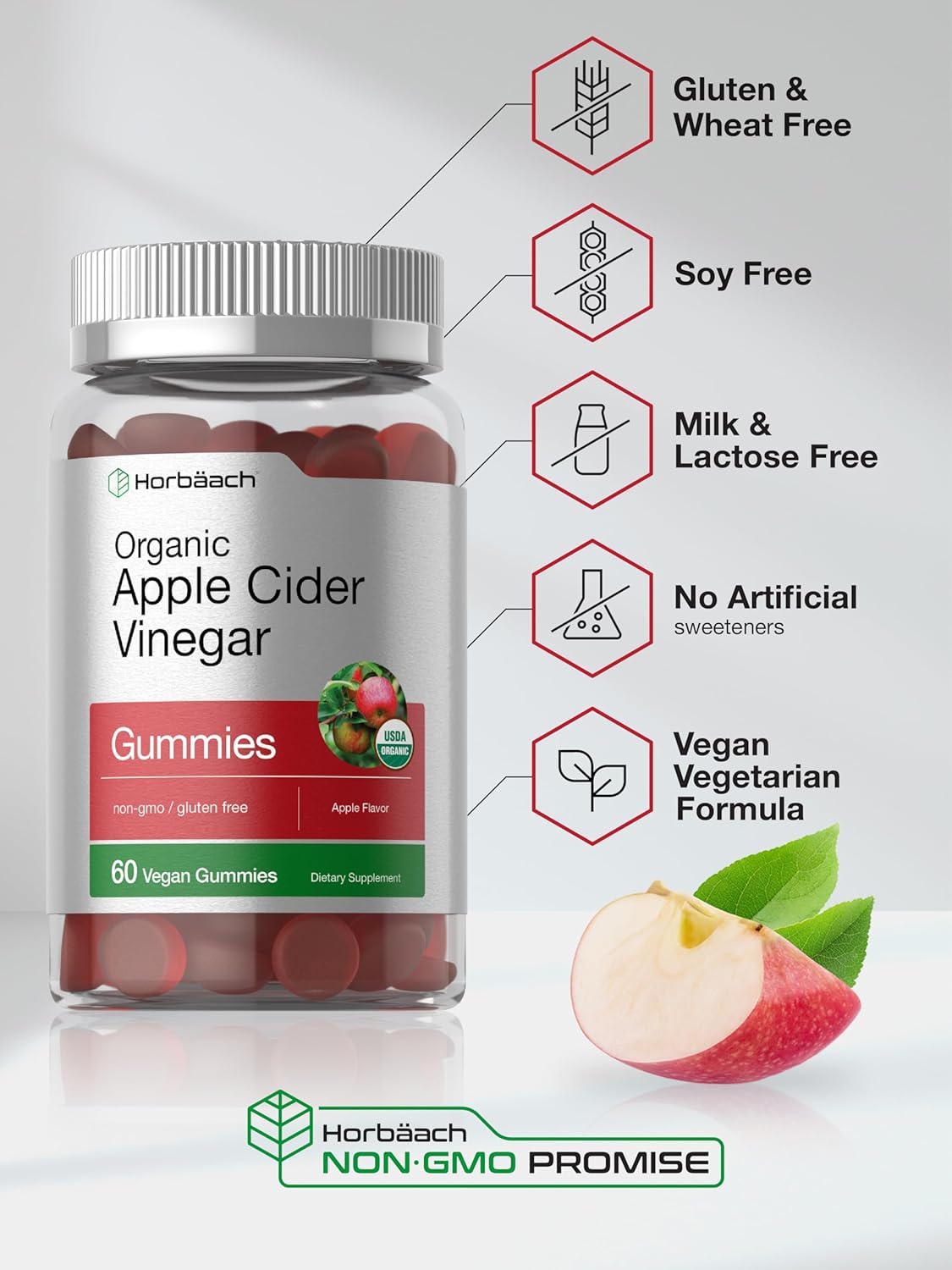 Organic Apple Cider Vinegar Gummies - 60 Count | Vegan & Gluten-Free | USDA Certified | Apple Flavor | Non-GMO - Espot.com.au