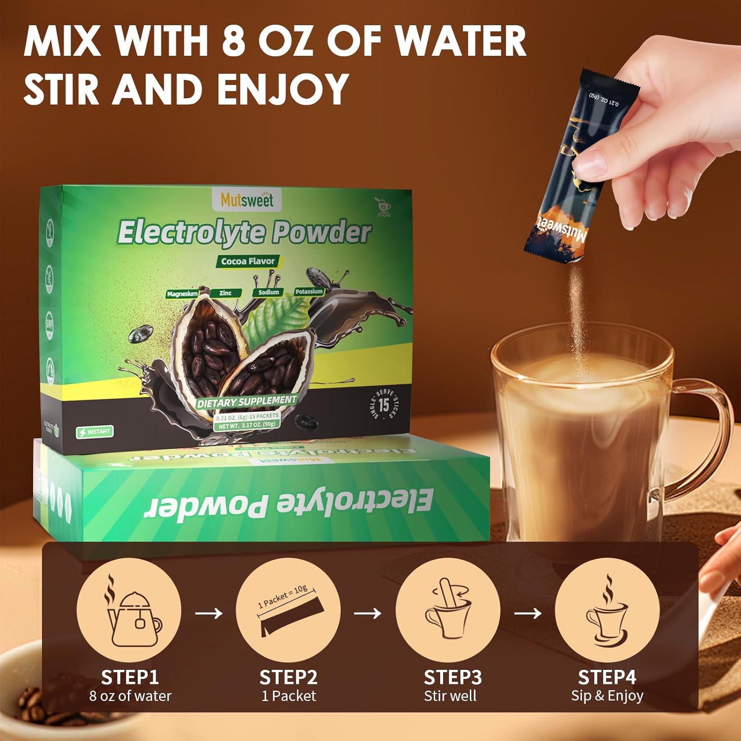 Hydrate Electrolyte Powder Packets with 4 Electrolytes, Vegan Cocoa Drink Mix - 15 Sticks, No Sugar & Non-GMO - Espot.com.au
