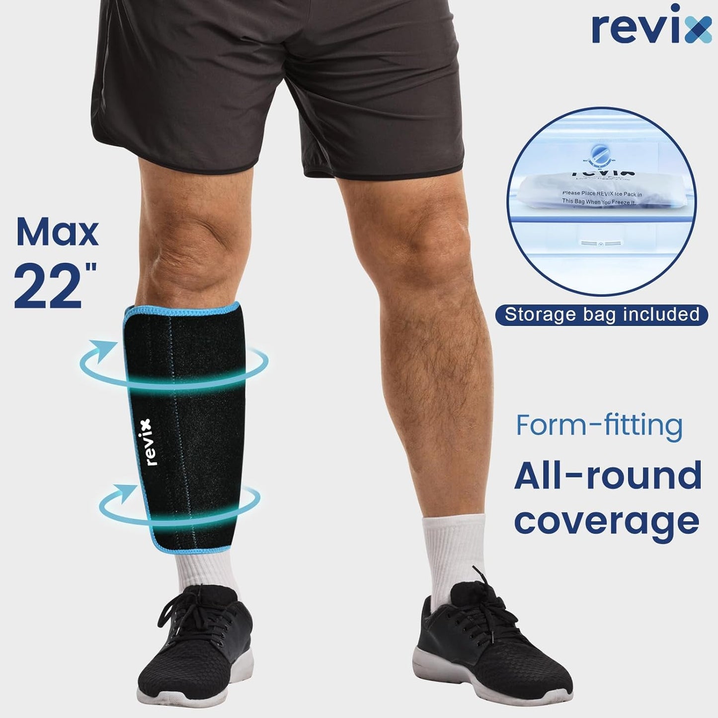 REVIX XL Shin Ice Pack - Reusable Gel Cold Pack for Calf and Elbow Pain Relief - Leg Cold Therapy Compression Sleeve with Full 360° Coverage - Refreezable and Comfortable - Espot.com.au