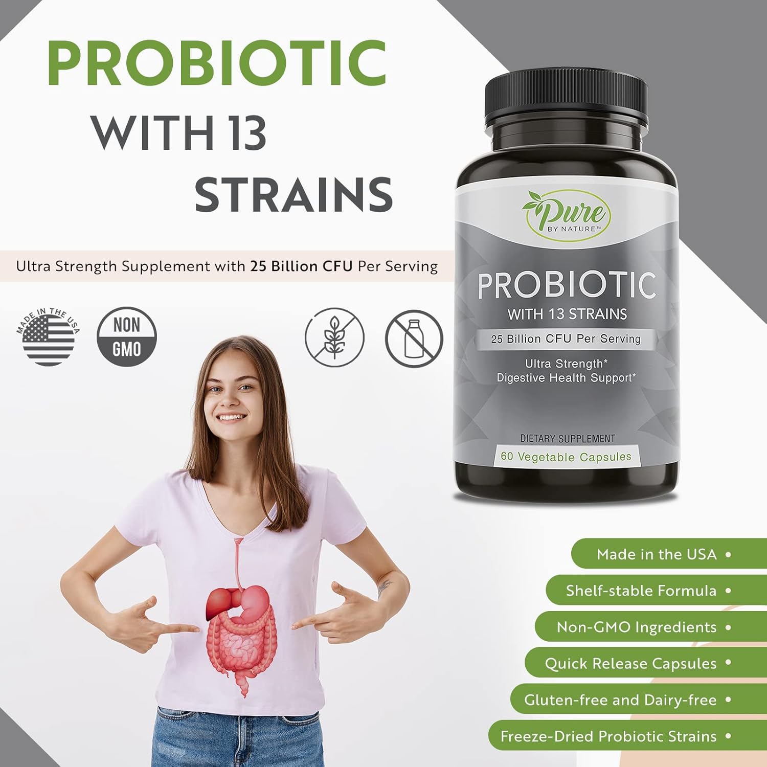 Pure By Nature Shelf Stable Probiotics - 60 Vegan Capsules for Digestive & Gut Health, Immunity Support - Soy & Gluten-Free Formula for Men and Women - Espot.com.au