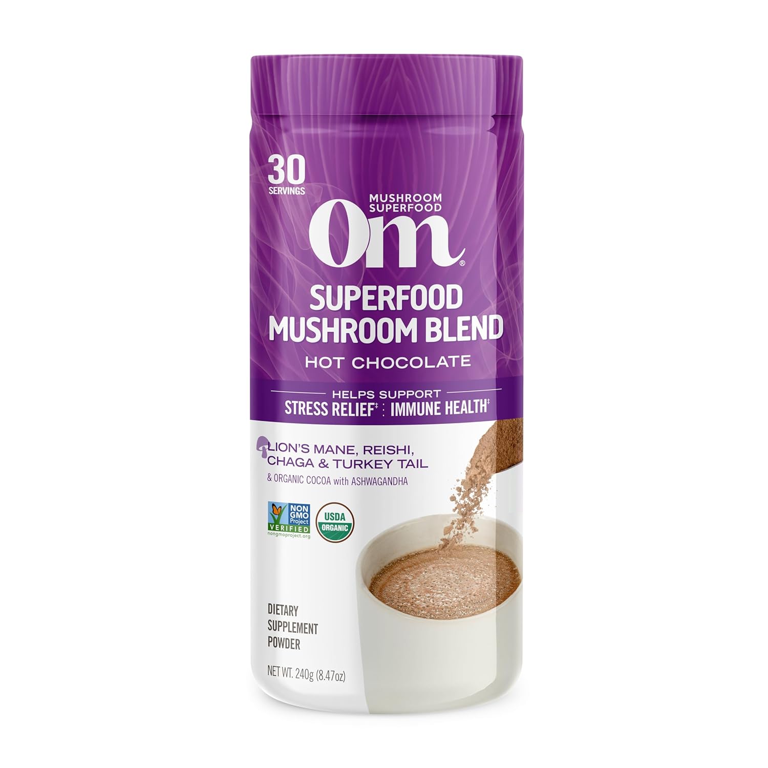 om-mushroom-superfood-hot-chocolate-blend---847oz-canister-30-servings-dutch-cocoa-2g-sugar-25-calories---lions-mane-reishi-chaga-turkey-tail---focus-stress-support-1