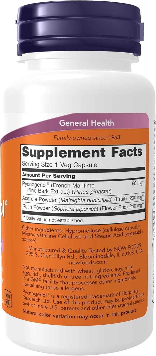 NOW Foods Pycnogenol 60 mg Supplement with French Maritime Pine Proanthocyanidins, Acerola, and Rutin Powder - 50 Veg Capsules
