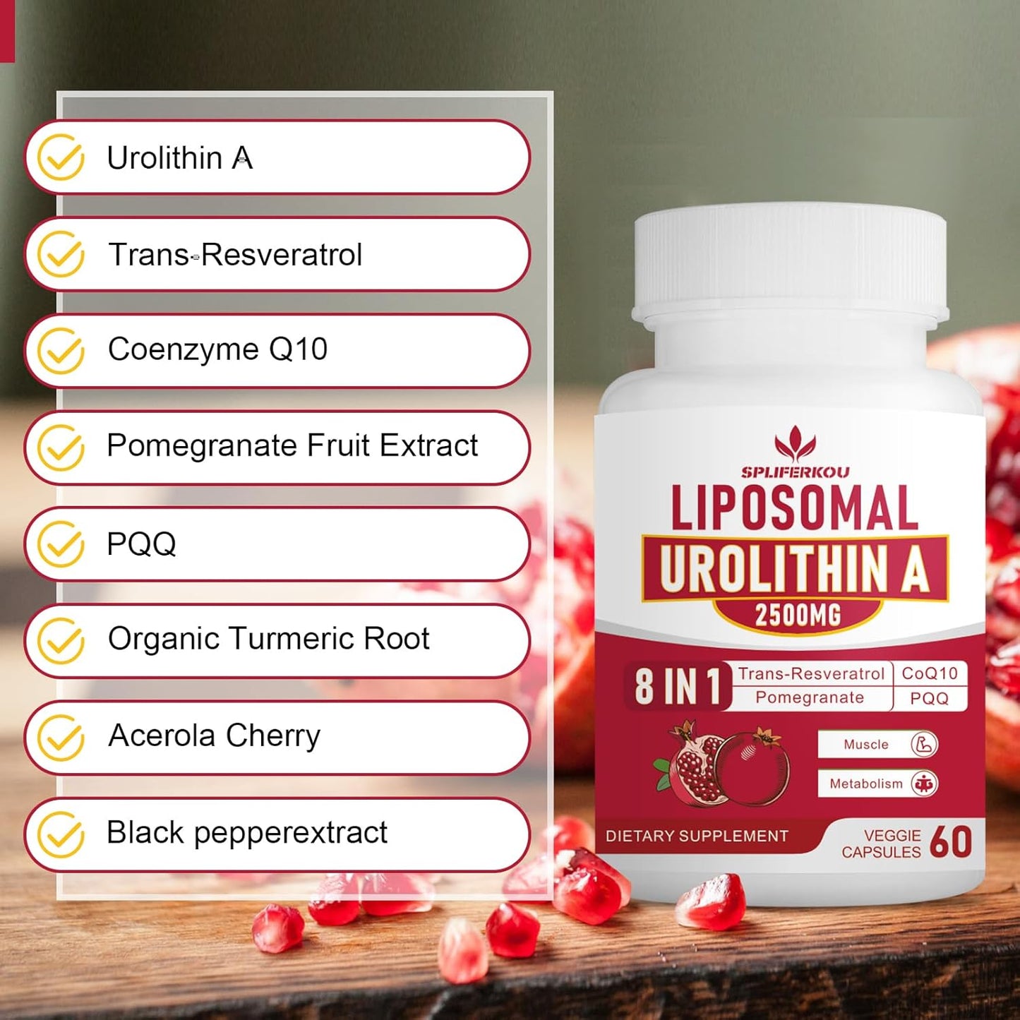 Premium Liposomal Urolithin A Supplement 2500mg with Resveratrol, CoQ10, Pomegranate Extract - Boost Cellular Energy, Gluten-Free - 180 Capsules - Espot.com.au