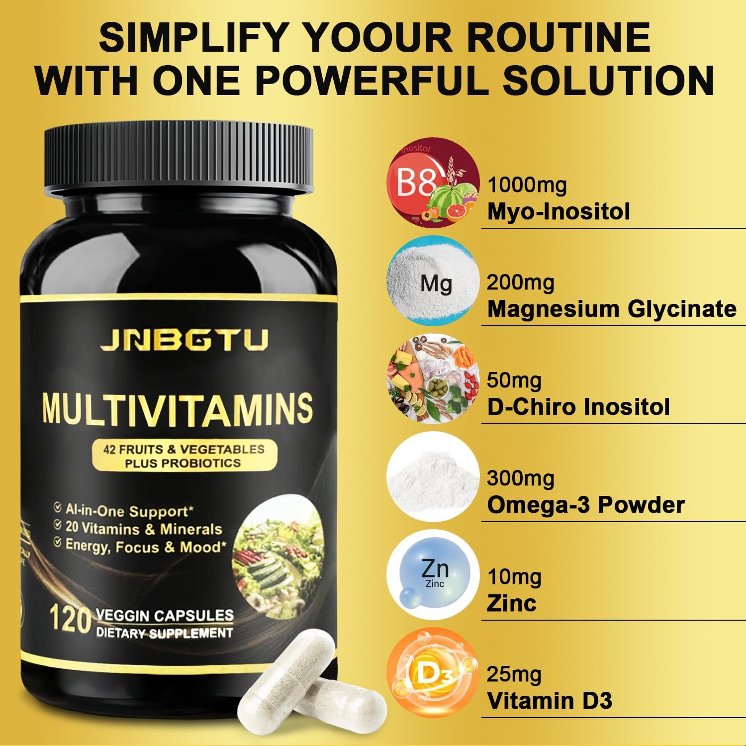 Multivitamin with Myo-Inositol, Magnesium, D-Chiro Inositol, Omega-3, Zinc, Vitamin D3 - 240 Count - 1000mg, 200mg, 50mg, 300mg, 10mg - Espot.com.au