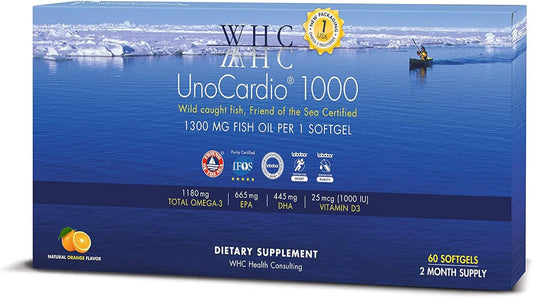 UnoCardio 1000 Fish Oil Softgels - High Potency Omega-3 Supplement with Vitamin D3, 60 Count - Espot.com.au