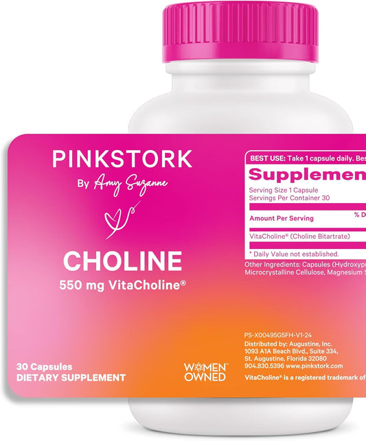 Pink Stork Choline - Prenatal Vitamin with 550mg Choline Bitartrate for Pregnant & Postpartum Moms - Supports Fetal Cognitive Health & Breast Milk Quality - 30 Capsules - Espot.com.au