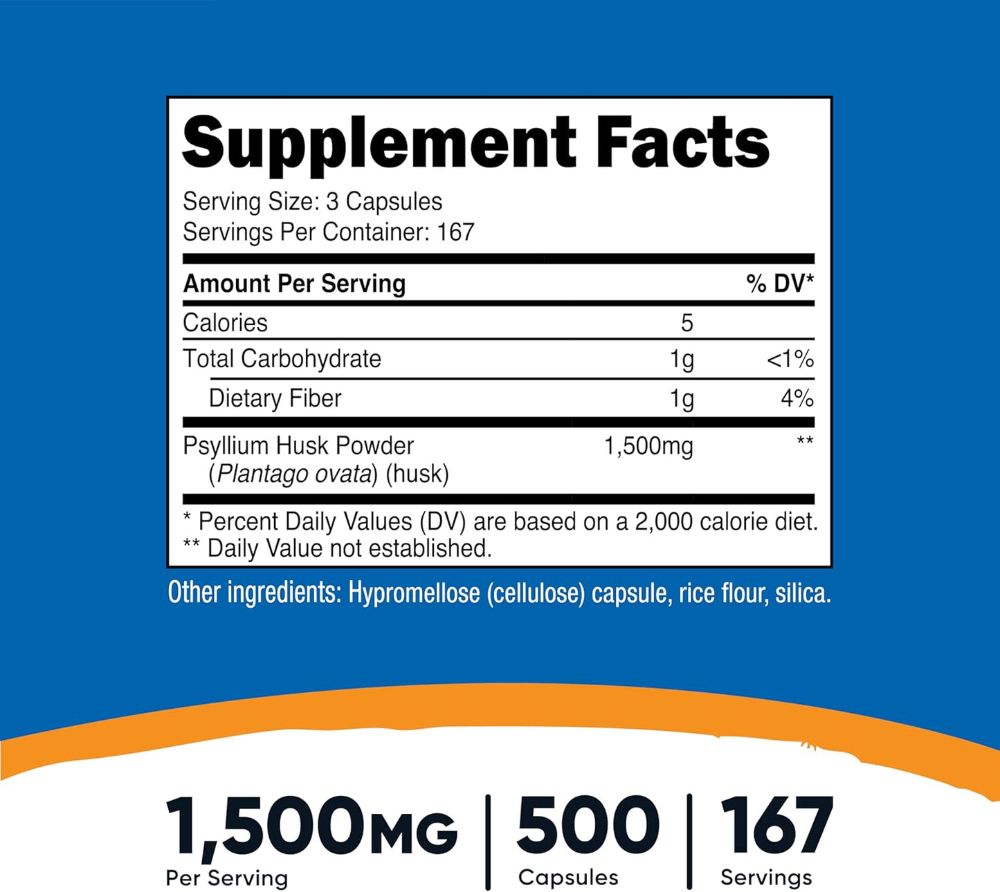 1500mg Psyllium Husk Capsules - 500 Count, Non-GMO & Gluten Free by Nutricost - Espot.com.au