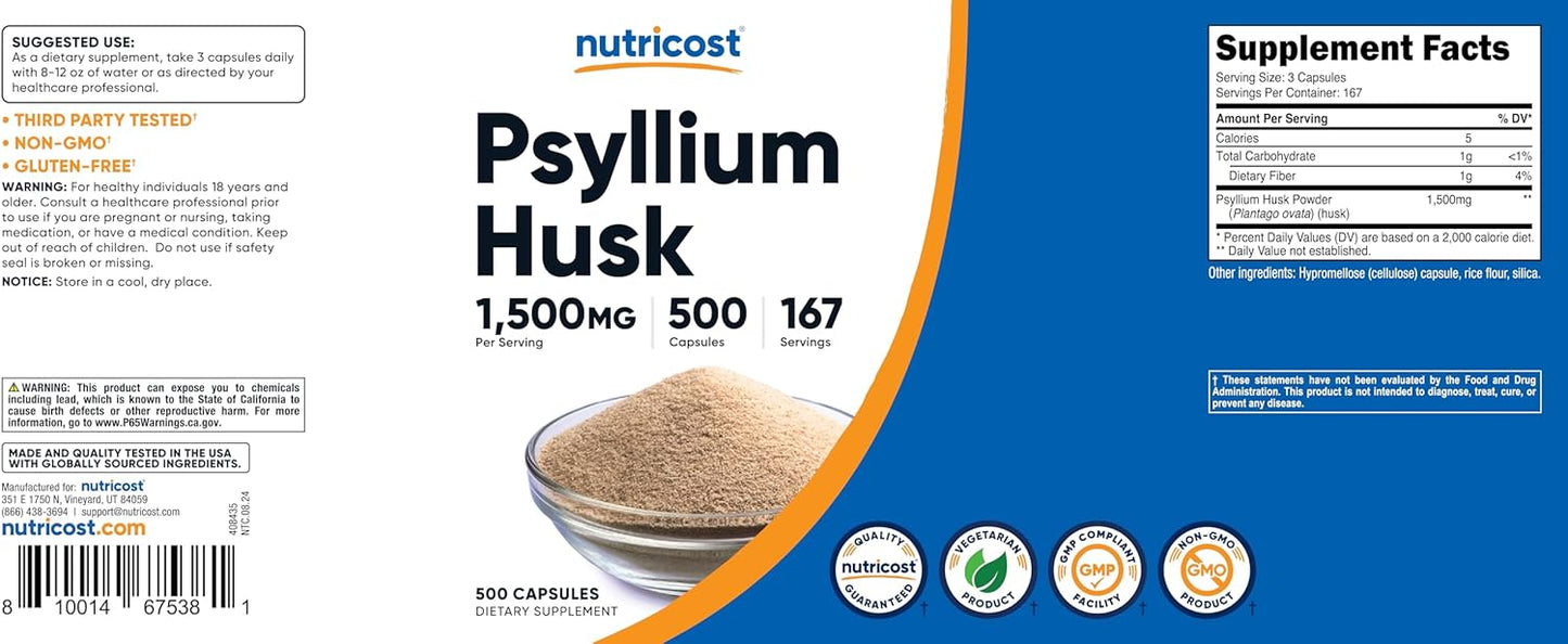 Nutricost Psyllium Husk Capsules - 1500mg Per Serving, 500 Count - Non-GMO & Gluten-Free Fiber Supplement - Espot.com.au