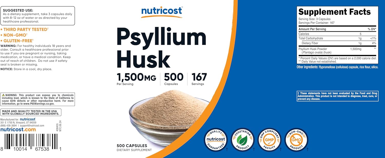 1500mg Psyllium Husk Capsules - 500 Count, Non-GMO & Gluten Free by Nutricost - Espot.com.au