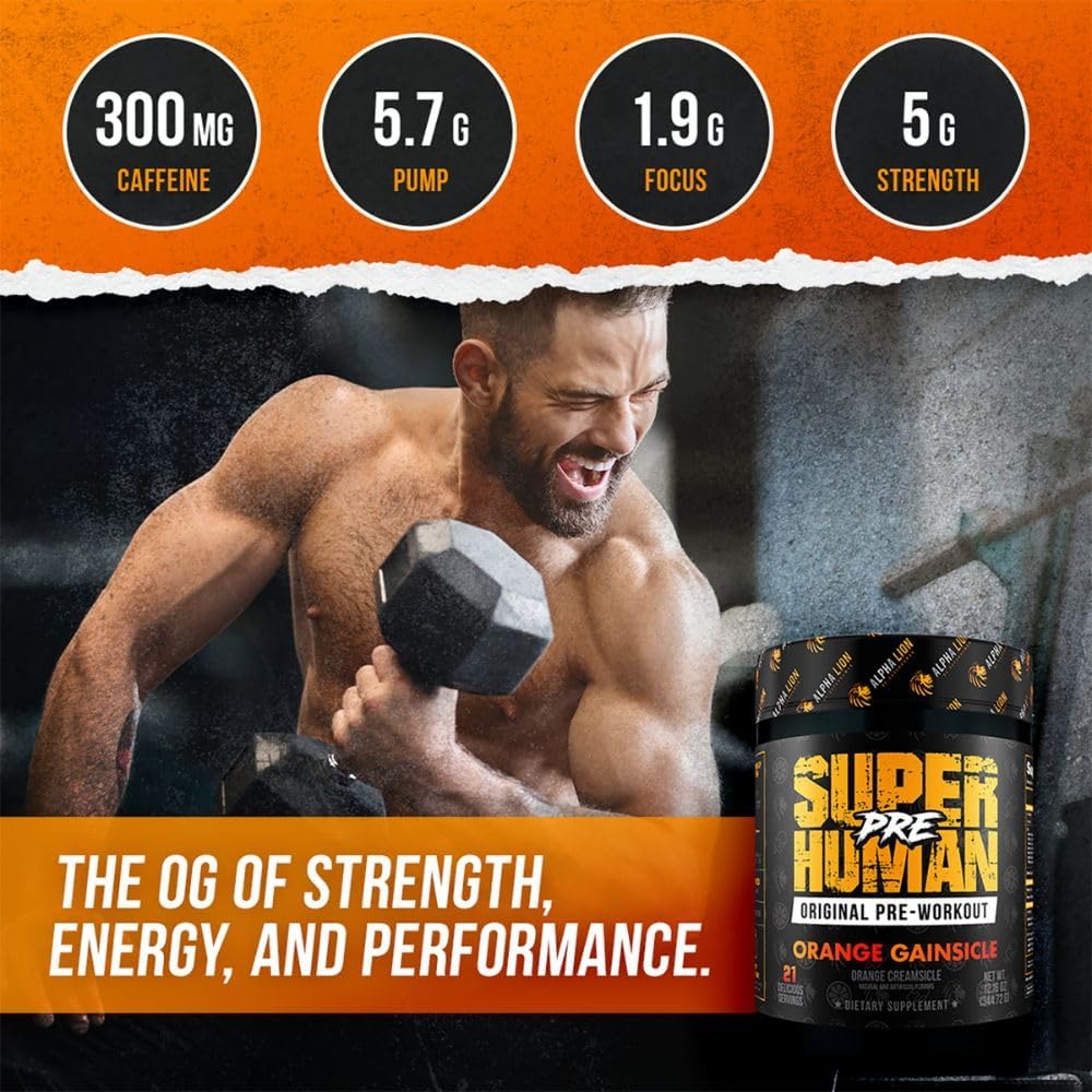 Superhuman Pre Workout Powder with Beta Alanine, L-Taurine, Tri-Source Caffeine, Nitric Oxide, Citrulline - Orange Gainsicle Flavor - 21 Servings - Espot.com.au