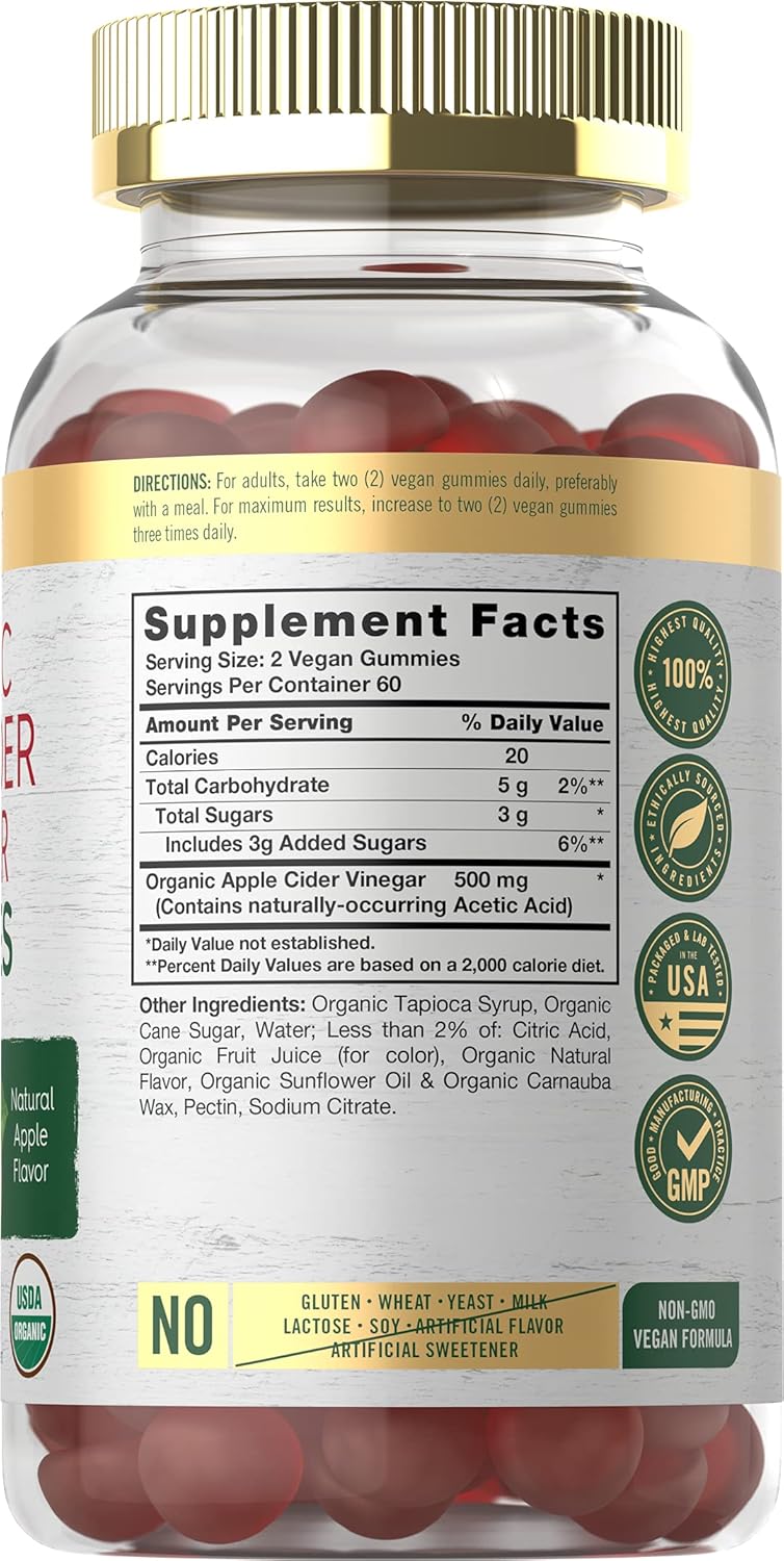 Organic Apple Cider Vinegar Gummies - 120 Count | USDA Certified, Vegan & Gluten-Free | Apple Flavor - Carlyle - Espot.com.au