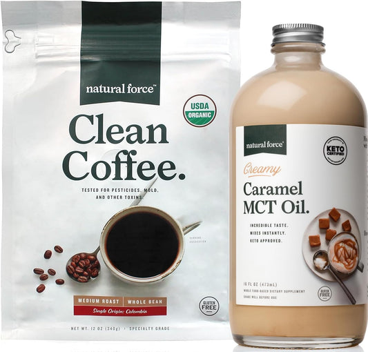 organic-clean-coffee-with-creamy-caramel-mct-oil-bundle---mold-mycotoxin-free-non-gmo-keto-paleo-vegan---12-oz-bag-16-oz-glass-bottle---emulsified-mct-creamer-included-1