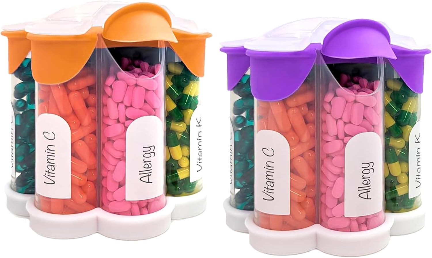 large-pill-organizer-with-7-xl-compartments-for-daily-weekly-monthly-supplements---cute-blossom-design---2-pack-combo-in-purple-and-orange-1