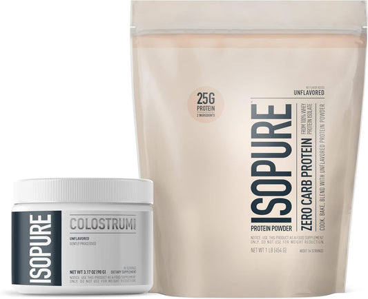 Isopure Bundle: Bovine Colostrum Supplement Powder (90 Servings) + Unflavored Whey Protein Isolate (25g Protein, Zero Carb, 16 Servings, 1lb) - Espot.com.au