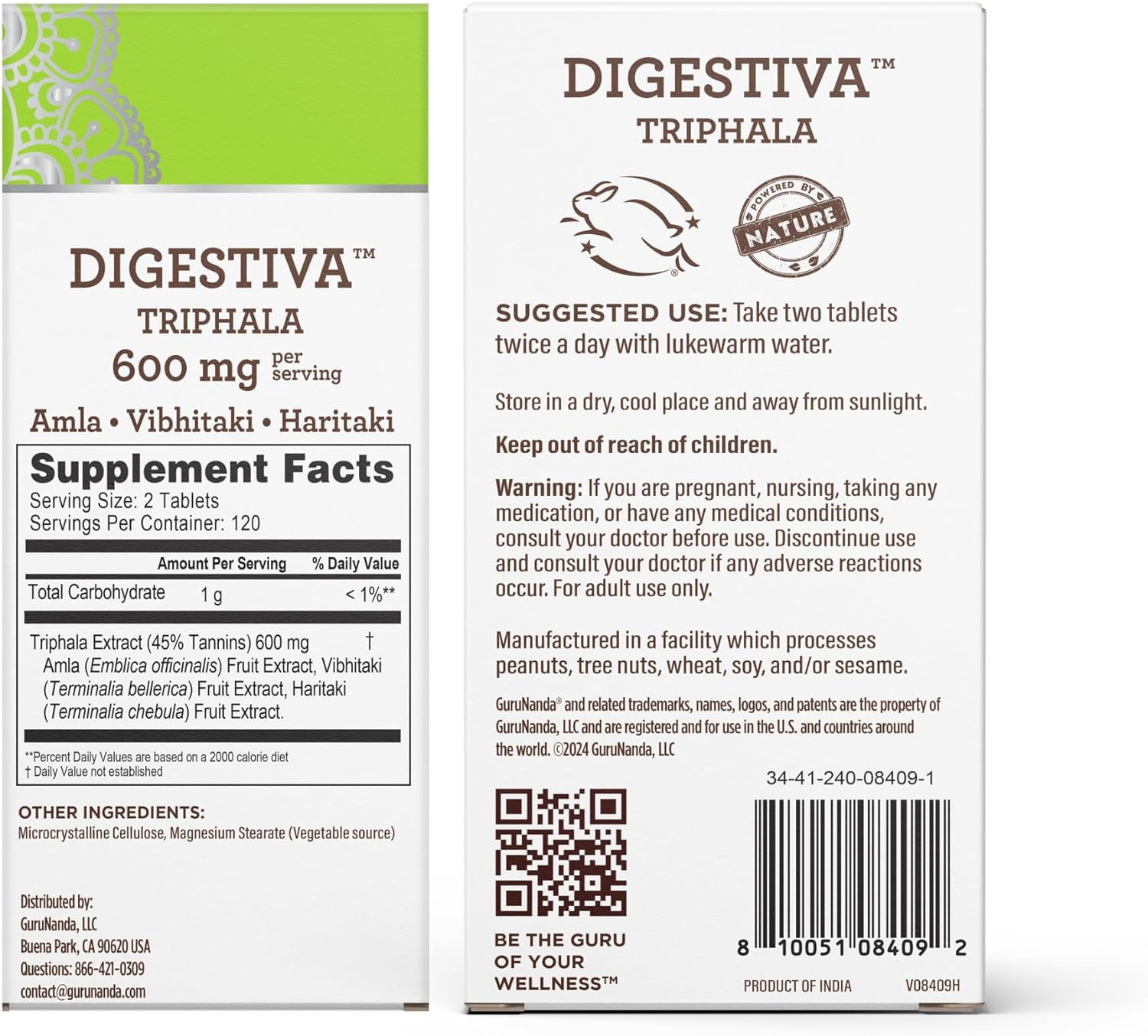 Digestive Support Tablets with Triphala Blend - 240 Count, Amla, Haritaki & Bibhitaki for Bloating & Constipation Relief, Natural Dietary Supplement by GuruNanda - Espot.com.au