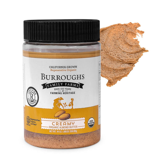 organic-creamy-almond-butter-from-burroughs-family-farms---14-oz---regenerative-organic-certified---high-antioxidants-vitamin-b---gluten-free-non-gmo---vegan-paleo-keto-friendly-1