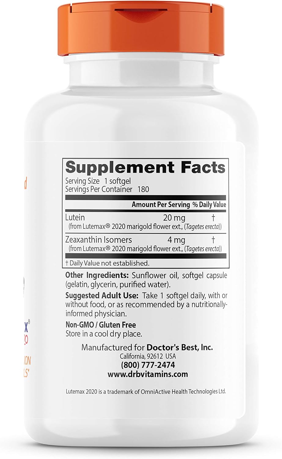 Premium Eye Health Supplement: Doctor's Best Lutein with Lutemax, 20 mg, 180 Softgels - Non-GMO, Gluten & Soy Free - Espot.com.au