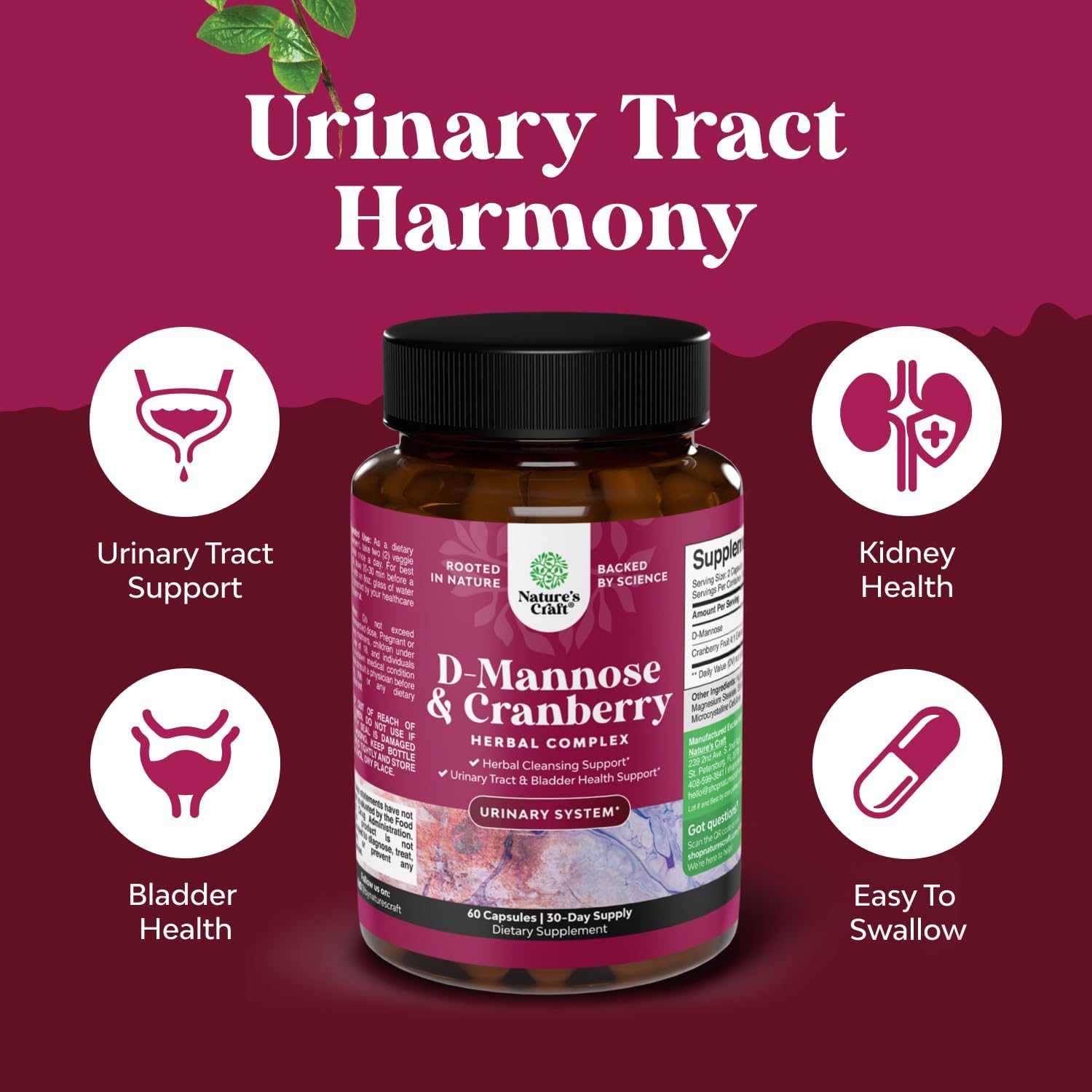 D-Mannose with Cranberry Capsules - 1000mg for Kidney & UTI Support - Bladder Health Supplement for Women & Men - 60 Count - Espot.com.au